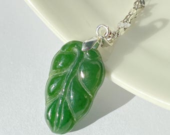 Hand Carved Green Jasper Leaf Pendant, Career Growth Symbol, Wealth Amulet