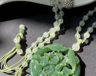Hand-Carved Nephrite Jade Flower Bird Pendant Necklace, Celadon Green Bead Chain