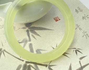 Short & Modern Natural Pale Yellow Nephrite Bangle | High Polish Jade Bracelet | 56.5mm