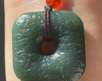 Square Nephrite Jade Pendant, Auspicious Clouds, Protection Amulet, Silk Cord Necklace