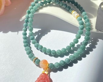 Natural Blue Jade Beaded Necklace, Handcrafted Buddha Pendant, Prosperity Harmony Jewelry