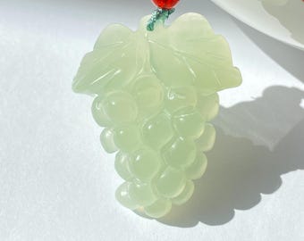 Hand-Carved Grape Pendant, Milky Celadon Green Stone, Good Luck Charm