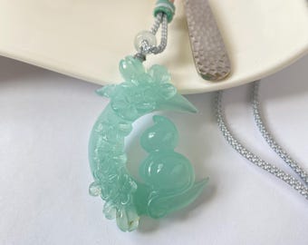 Celestial Serenity: Hand-Carved Blue Jade Cat and Crescent Moon Pendant