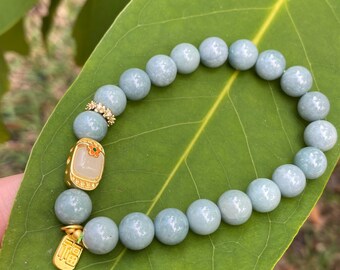 Handcrafted Pale Blue Jadeite Bead Bracelet – Minimalist Daily Wear Jewelry with Lucky Charms