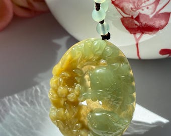 Natural Hua Jade Carved Lotus Koi Pendant, Green Yellow Abundance Wealth Symbol