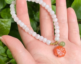 Pink Jadeite Beaded Bracelet, Peach Blossom Charm, Minimalist Jewelry