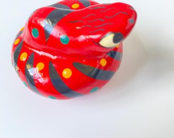 Hand-Painted Red Clay Snake Figurine – Black Stripes & Yellow Polka Dots