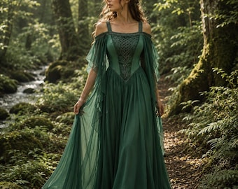 Robe médiévale à épaules dénudées, robe brodée celtique, mariage scandinave, fantaisie païenne, costume SCA
