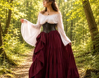 Abito da pirata rinascimentale da donna, corsetto, camicetta contadina, gonna lunga a balze, costume medievale cottagecore