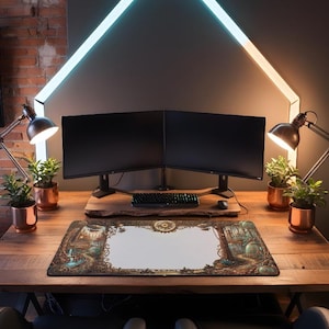 Puede incluir: Un escritorio de madera con dos monitores de ordenador, un teclado y un ratón. Una alfombrilla de ratón decorativa con un centro blanco y un borde adornado en primer plano. Dos lámparas de escritorio y pequeñas plantas en macetas.