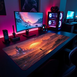 Alfombrilla de escritorio con paisaje urbano futurista al atardecer / Alfombrilla de ratón para juegos con temática de páramo ciberpunk