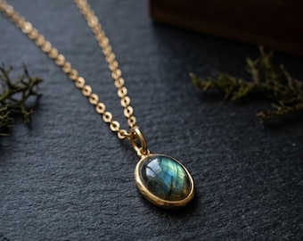 Labradorite Necklace • Shimmering Green-Grey Gemstone Pendant • Minimalist  • Dainty Everyday Jewelry • Gift for Her