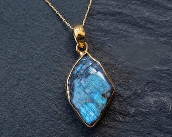 Rohe Labradorit Anhänger Halskette - Blue Flash Sterling Silber Boho Schmuck