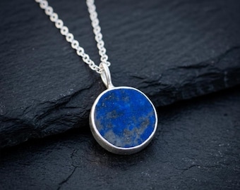 Natural Lapis Lazuli  Round Pendant Necklace – Elegant Silver Finish