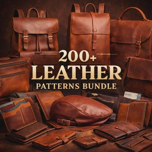 以下が含まれることがあります： 茶色の革製のバッグ、バックパック、財布、帽子のコレクション。画像には、サッチェルや財布など、さまざまなスタイルの革製品が写っています。「200+ LEATHER PATTERNS BUNDLE」というテキストが表示されています。