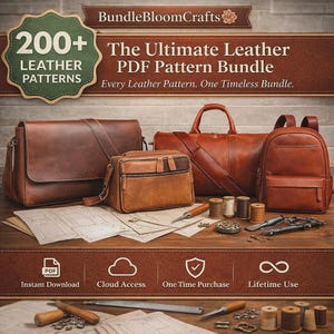 May include: An image showcasing a range of brown leather bags: a messenger bag, a satchel, a duffel bag, and a backpack. Leather crafting tools, thread spools, and the text "200+ Leather Patterns" are also visible.