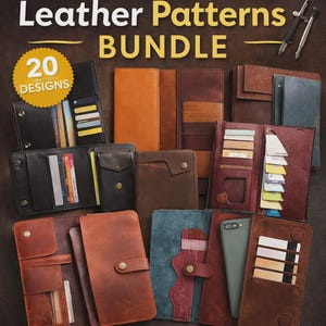May include: A collection of leather wallets and cardholders in various colors and designs. The image features a variety of styles, including bi-fold, tri-fold, and long wallets, with visible card slots and compartments. The text "Leather Patterns Bundle" is at the top.