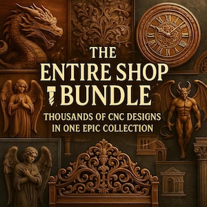 Może przedstawiać: Obraz cyfrowy przedstawiający różne projekty CNC, w tym smoka, anioły, zegar i ozdobne rzeźby. Tekst brzmi "The Entire Shop Bundle" i "Thousands of CNC Designs in One Epic Collection."