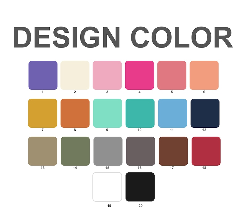a collection of 16 different color squares, each with a unique color and corresponding number. The colors range from white to dark red, and the numbers are 1 through 20.