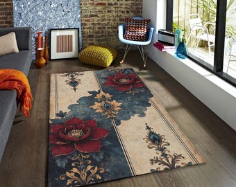 Baroque Floral Tapestry Rug, Ornate Red Peony Carpet, Dark Academia Room Decor