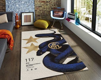 Inter Biscione Snake Rug, Blue Black Football Fan Decor, Man Cave Area Mat