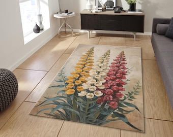 Rustic Lupine Flower Area Rug, Shabby Chic Floral Carpet, Impasto Paint Style Decor