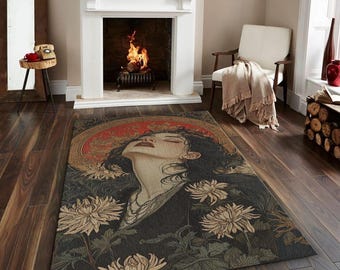Art Nouveau Portrait Area Rug, Vintage Floral Woman Carpet, Dark Bohemian Room Decor