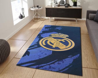 Real Madrid Football Club Rug - Soccer Fan Area Mat - Navy Blue White Striped Floor Decor - Gift for Real Madrid Fans and Sports Lovers