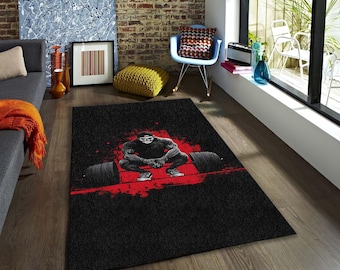Totenkopf Bodybuilder Bereich Teppich, Dunkles Fitnessstudio Dekor, Rot Splatter