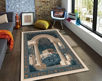 Mythological Greek Temple Area Rug, Constellation Map Floor Decor, Neoclassical Academic Carpet