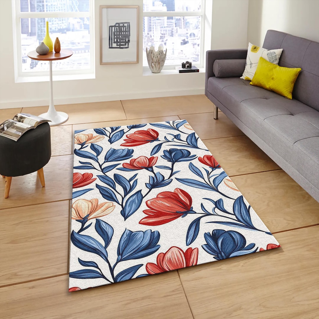 Blue Leaf and Red Floral Area Rug, Botanical Pattern Living Room Carpet ...