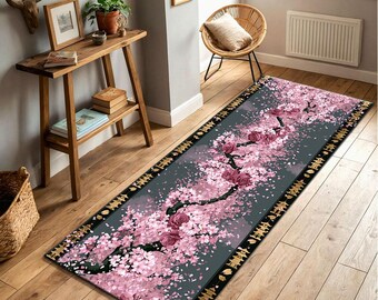 Japanese Sakura and Roses Runner Rug – Gold Pagoda Asian Aesthetic, Hallway Entryway Decor, Moody Grey Pink Carpet, Zen Home Decor