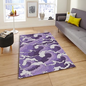 Alfombra japonesa con diseño de olas moradas, alfombra oriental abstracta moderna, alfombra de suelo con diseño de olas marinas lavanda.