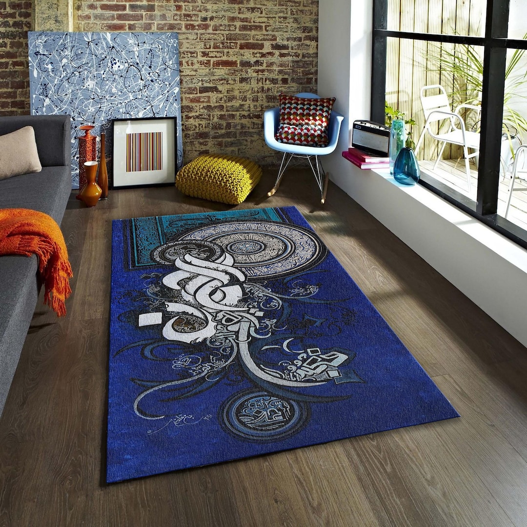 Arabic Calligraphy Rug Blue Islamic Calligraphy Rug, Abstract Arabic Art Floor Mat - Etsy