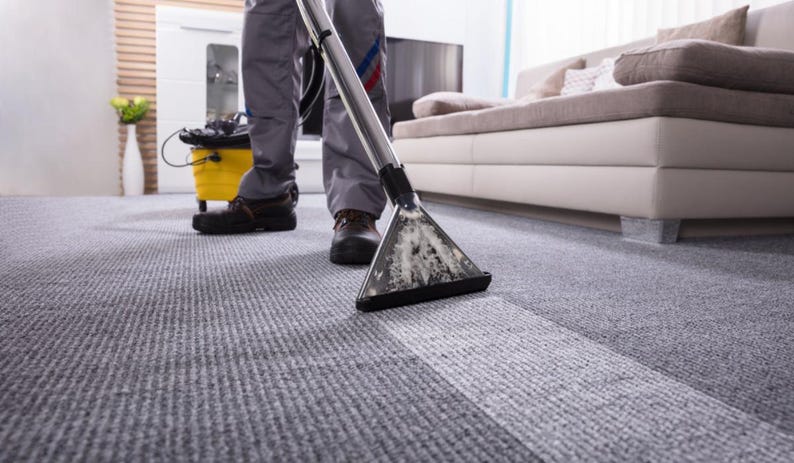 May include: A person using a carpet cleaner on a gray carpet. The cleaning head is in the foreground, showing the cleaned and uncleaned areas. A yellow bucket and a sofa are in the background.