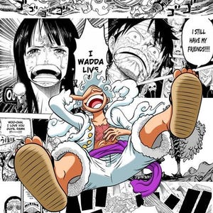 May include: Comic book panel featuring a dynamic illustration from the manga series, One Piece. The artwork showcases various characters and scenes, including a dragon, Luffy in Gear 5, and emotional expressions with text bubbles.