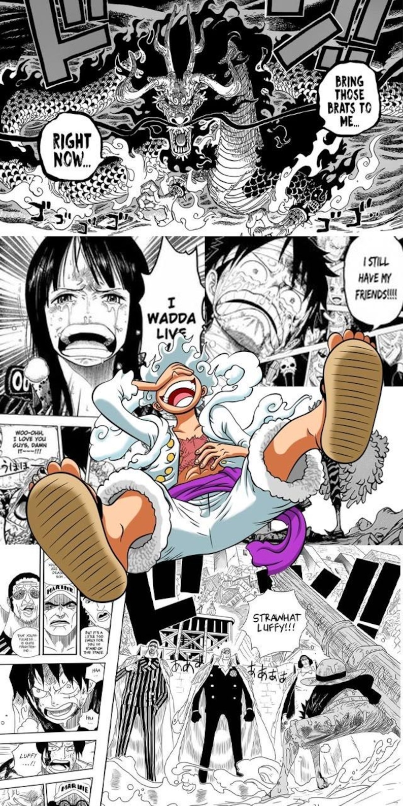 May include: Comic book panel featuring a dynamic illustration from the manga series, One Piece. The artwork showcases various characters and scenes, including a dragon, Luffy in Gear 5, and emotional expressions with text bubbles.
