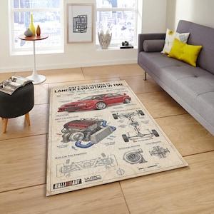 May include: A rectangular area rug featuring a technical blueprint illustration of a red Mitsubishi Lancer Evolution VI TME. The design includes detailed diagrams of the engine, turbocharger, suspension, and drivetrain with labels in English.
