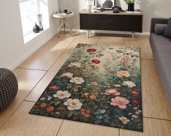 French Country Floral Rug, Antique Tapestry Style Carpet, Secret Garden Floor Decor