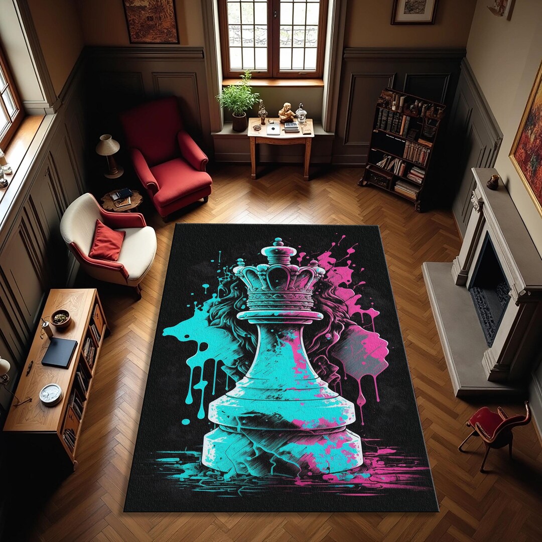 Cyperpunk Rug Neon Chess Queen Rug – Cyberpunk Pink and Turquoise Gaming Carpet - Etsy