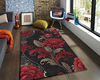 Gothic Red Floral Damask Area Rug, Dark Moody Victorian Carpet