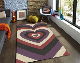 Retro Teppich Herz, 70s Psychedelic Bodenteppich, 70er Jahre Lila und Roter Teppich