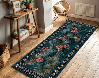 Dark Tropical Botanical Rug, Moody Jungle Floral Carpet, Monstera Orchid Living Room Decor, Washable Boho Chic Bedroom Mat
