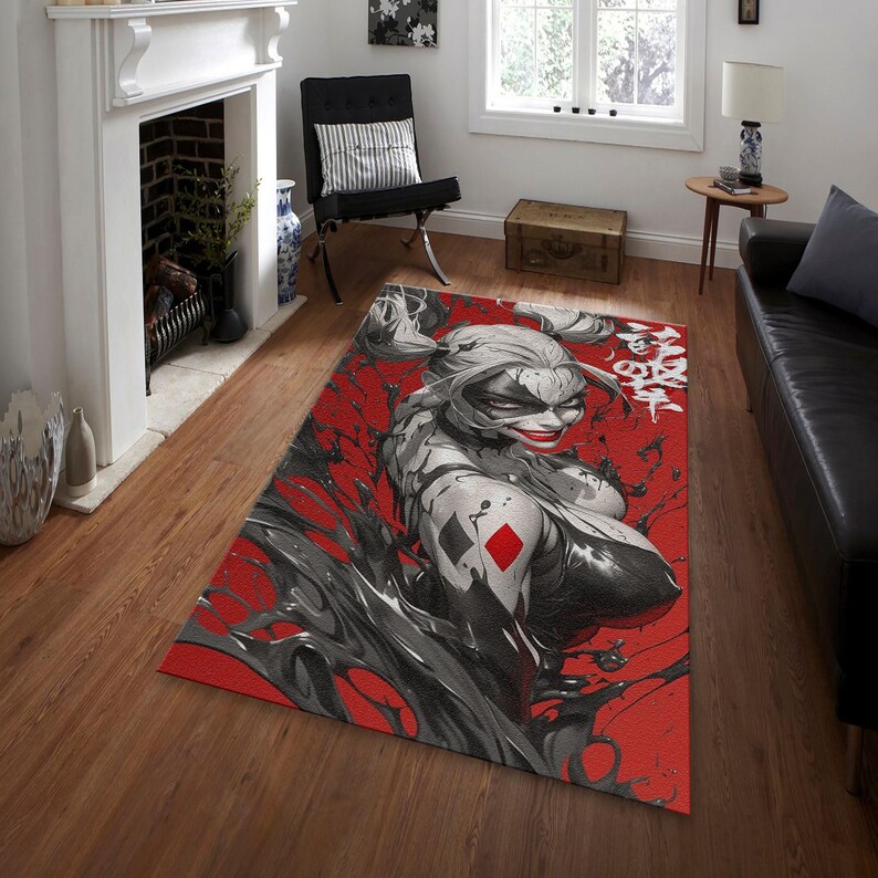 Red Female Rug Margot Robbie Anime Style Rug, Red Black White Fan Area Rug, Liquid Ink ...