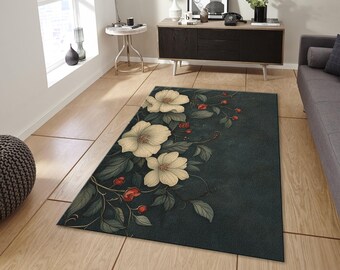 Vintage White Floral Botanical Rug, Dark Academia Room Decor, Print Carpet