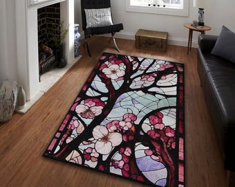 Cherry Blossom Stained Glass Rug - Pink Sakura Floral Area Mat - Non-Slip Washable Bedroom Decor - Japanese Art Inspired Floor Carpet