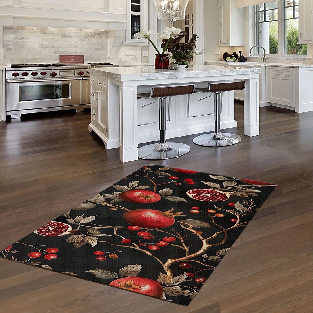 Pomegranate Botanical Rug, Dark Floral Kitchen Carpet, Vintage Style - Etsy