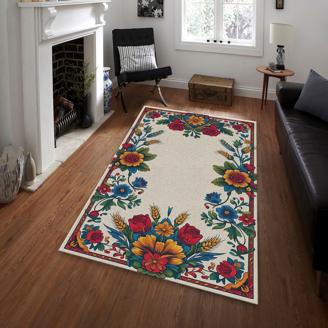 Folk Art Floral Area Rug, Vintage Slavic Style Rose and Wheat Carpet - Etsy