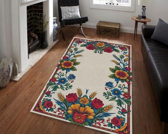 Folk Art Teppich, Vintage slawischen Stil Rosen und Weizen Teppich