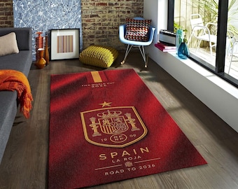 Spanish National Football Team Rug, Gold RFEF Crest Carpet, Soccer Lover Room Decor